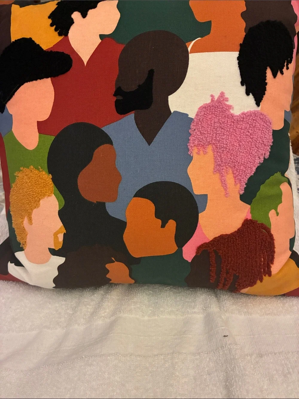 Cynthia St. James Decorative Multicolor Faces Throw Pillow - Brand embroidered